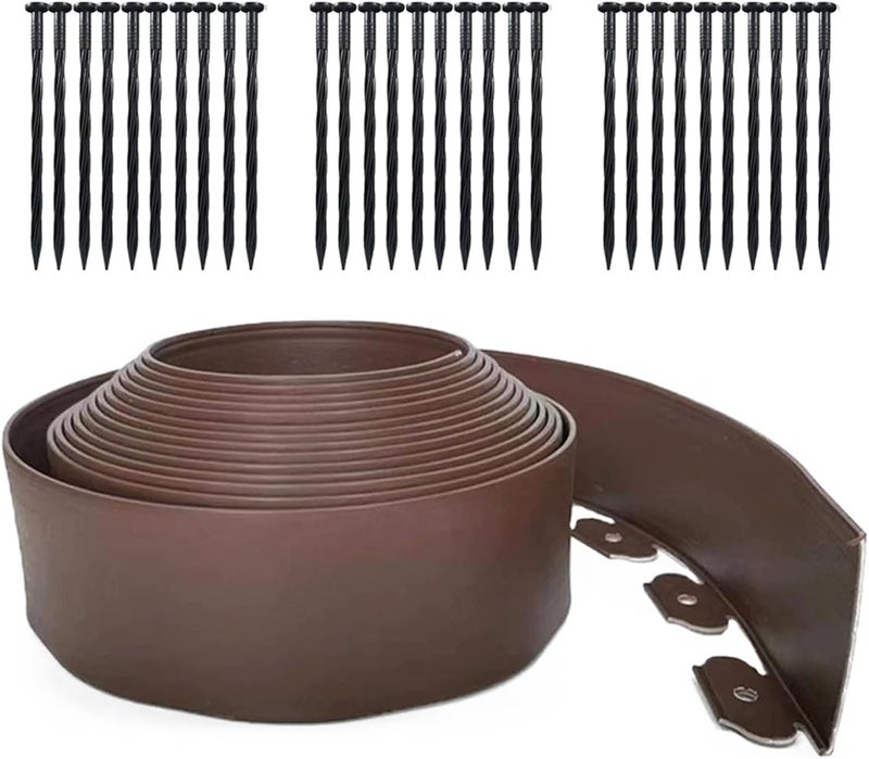 maebeacae 33FT Landscape Edging, 4 in Tall Garden Edging Borders,Flexible Lawn Edging with 30 Spikes,Plastic Edging Border for Garden, Flower Beds, Pavement-Brown - Image 1